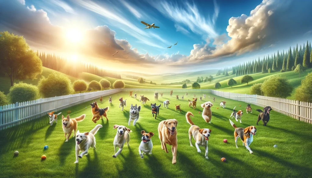 Dogs playing joyfully in a field enclosed by a fence under a sunny sky.