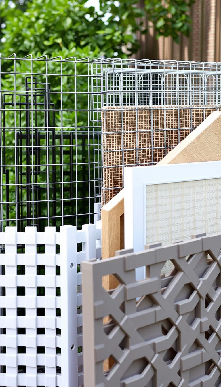 A high-quality photograph of various durable pet barrier materials including sturdy metal wire mesh, weather-resistant vinyl panels, and innovative recycled plastic lattices. The materials are arranged in a visually appealing composition, showcasing their textures, colors, and suitability for outdoor use. The lighting is natural and diffused, highlighting the materials' resilience and ability to withstand the elements. The image is captured at a medium distance, allowing the viewer to appreciate the details and understand the range of options available for constructing effective, long-lasting pet enclosures.