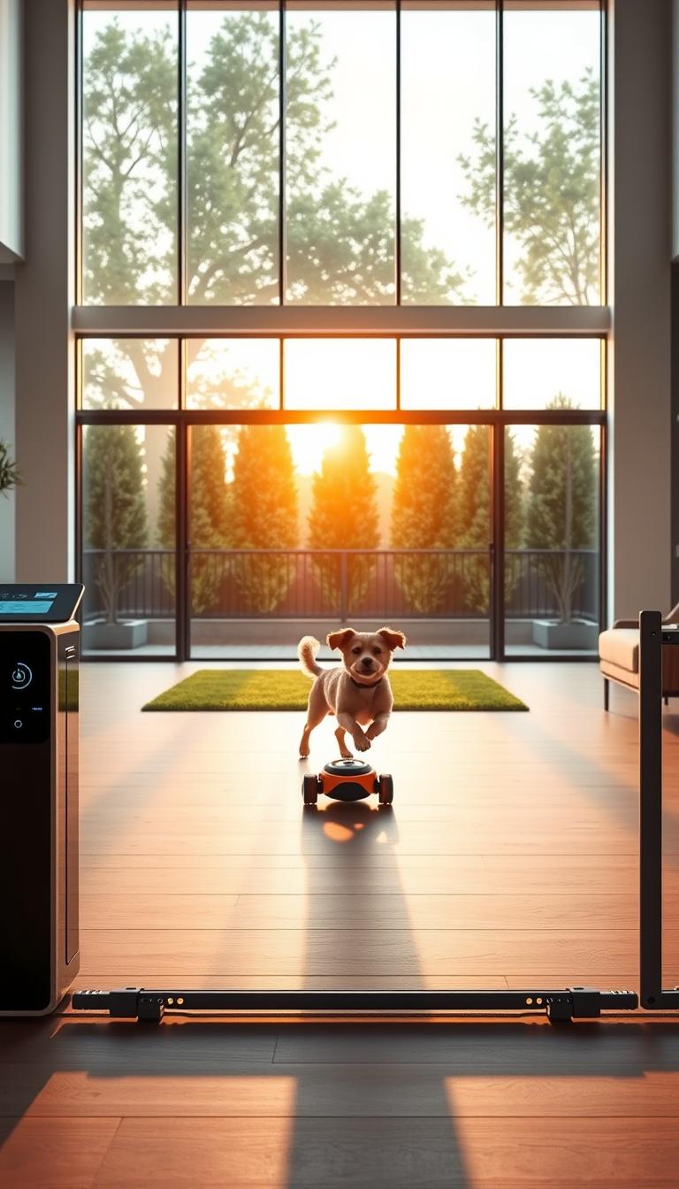 A high-tech dog containment system in a modern, minimalist home interior. In the foreground, a sleek, automated dog fence with invisible beams and a touchscreen control panel. In the middle ground, a robotic dog toy zooms around, stimulating a happy pup. The background features floor-to-ceiling windows overlooking a lush, manicured backyard. Warm, natural lighting filters in, creating a serene, futuristic atmosphere. The image conveys a sense of cutting-edge technology seamlessly integrated with a stylish, high-end living space designed for the modern, tech-savvy dog owner.