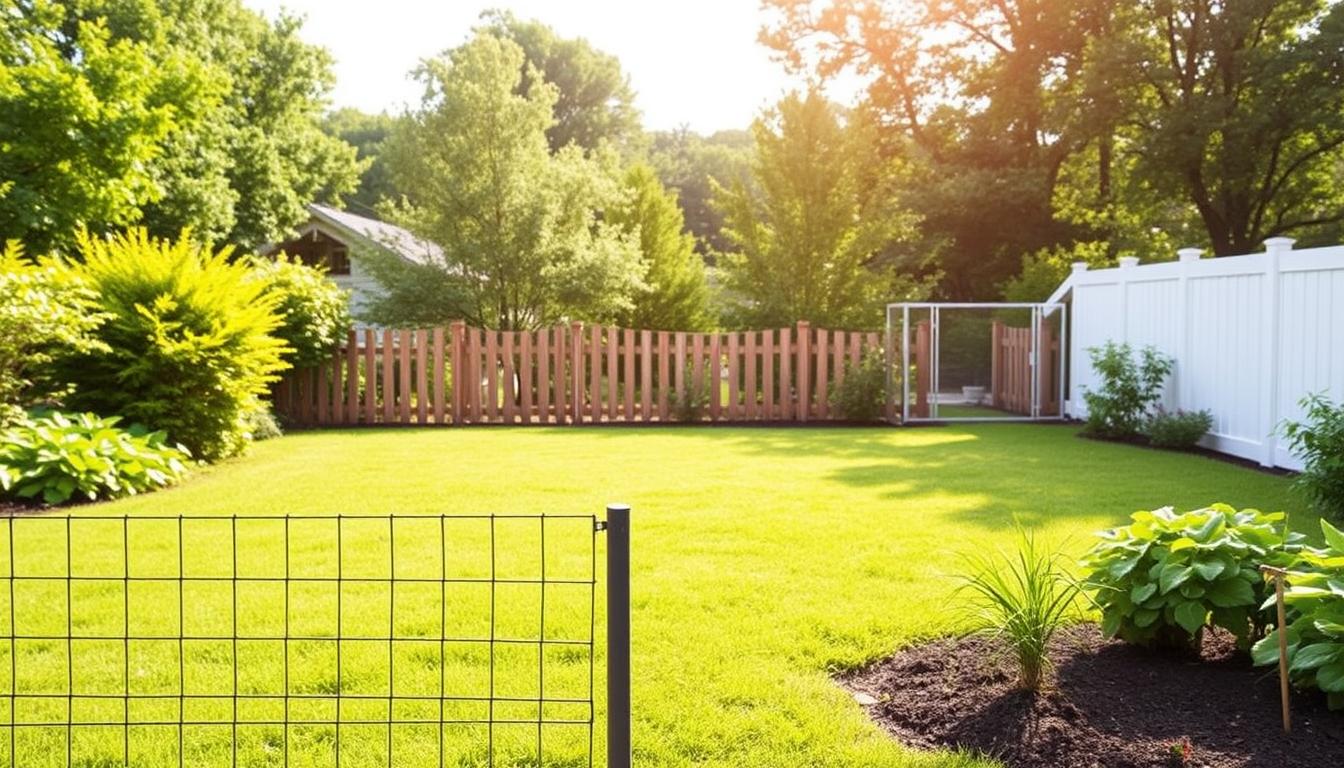 A lush, verdant backyard with a variety of "best dog fencing" options prominently displayed. In the foreground, a low-profile wire mesh fence seamlessly blends into the landscape. In the middle ground, a wooden picket fence adds rustic charm, while a discreet invisible fence delineates the property line. In the background, a modern vinyl fence panels create a sleek, minimalist boundary. Soft, natural lighting casts a warm glow, highlighting the materiality and functionality of each fencing solution. The scene conveys a sense of tranquility and practicality, inviting the viewer to consider the merits of these budget-friendly "best dog fencing" options.
