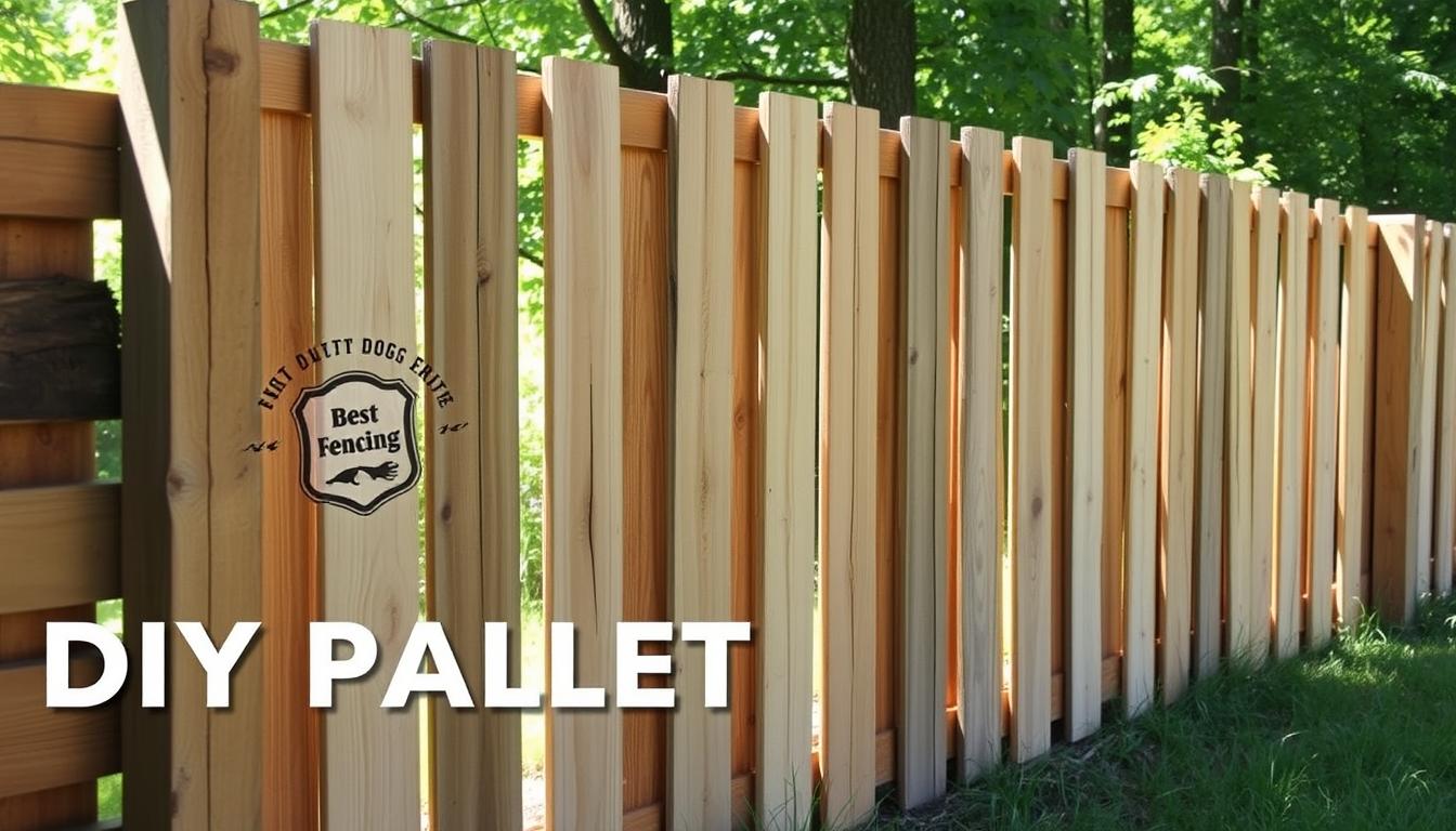A rustic DIY pallet fence for dogs, with sturdy wood panels and a Best Dog Fencing logo. The fence stands in a lush, natural setting, with sunlight filtering through the gaps, creating a warm, inviting atmosphere. The solid construction and strategic placement of the pallets ensure a secure enclosure that keeps your canine companions safe and content. The scene conveys a sense of practicality and outdoor adventure, reflecting the article's focus on an affordable, yet reliable, dog-friendly solution.