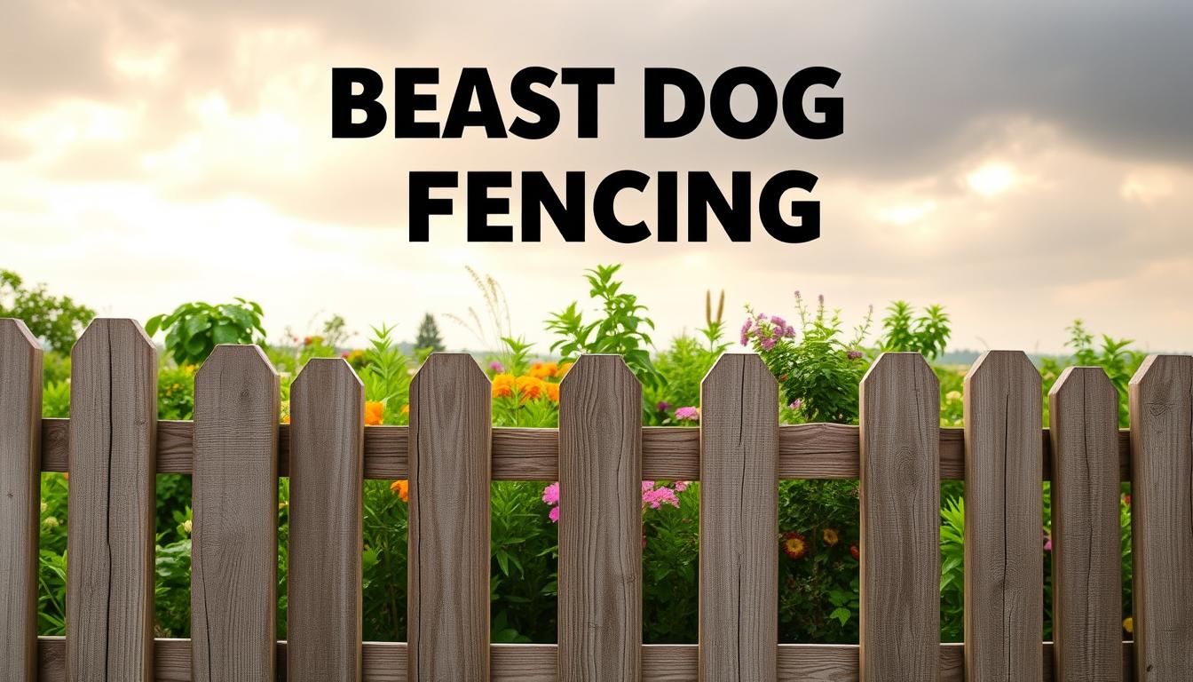 A rustic wooden fence with a charming, natural aesthetic stands in the foreground, its planks weathered by time and the elements. In the middle ground, a lush garden bursting with vibrant flowers and verdant foliage creates a serene, inviting atmosphere. In the background, a cloudy sky with soft, diffused lighting casts a warm, peaceful glow over the scene. The fence is labeled "Beast Dog Fencing", a budget-friendly fencing solution that blends seamlessly with the DIY garden aesthetic. This image captures the essence of affordable, yet visually appealing, fencing options for your yard and dog run.