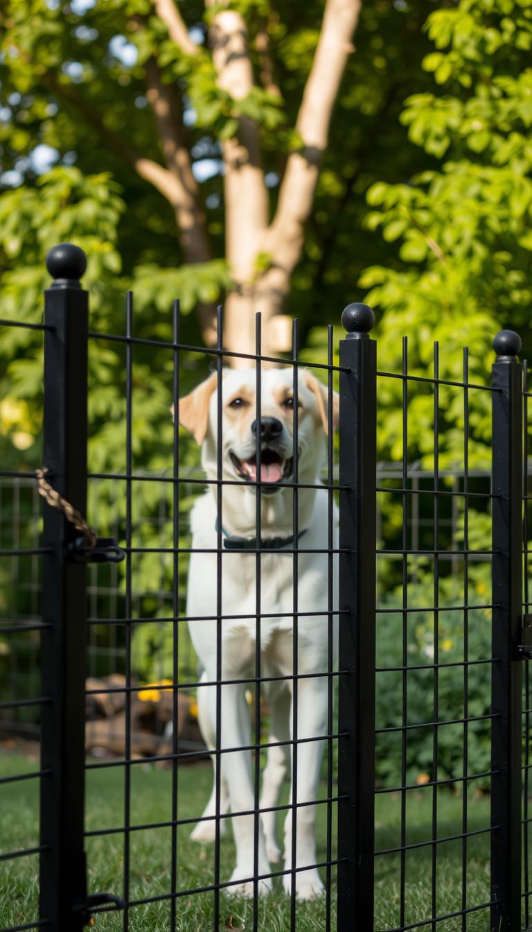 A secure and well-designed dog fence, keeping a canine companion safe and secure in an outdoor environment. In the foreground, a sturdy metal mesh fence with vertical posts, creating a strong barrier against escape. The fence is set against a lush, verdant backdrop of trees and greenery, conveying a sense of nature and tranquility. Subtle lighting casts soft shadows, highlighting the fence's robust construction and attention to detail. The overall mood is one of safety, reliability, and harmony between the dog and its outdoor sanctuary. A perfect solution to contain a beloved pet while preserving an aesthetically pleasing outdoor space.