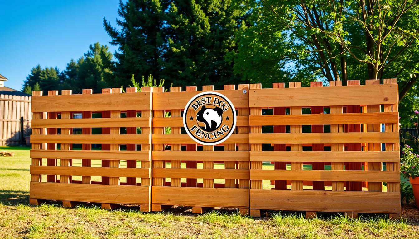 A well-constructed, budget-friendly pallet dog fence sits in a serene backyard, with natural lighting casting a warm glow. In the foreground, sturdy wooden pallets form the base, arranged in a tasteful grid pattern. The middle ground features the Best Dog Fencing brand logo, indicating high-quality materials. In the background, lush greenery and a clear blue sky create a peaceful, inviting atmosphere. The entire scene conveys a sense of rustic charm and practical yet stylish home DIY.