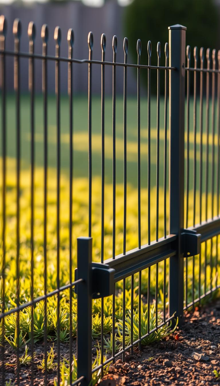 A well-installed and durable pet barrier, showcasing a sturdy metal fence with vertical bars, strategically positioned to create a secure enclosure. The foreground depicts a close-up view of the fence's construction, highlighting the robust materials and secure attachment to the ground. The middle ground features a lush, verdant lawn, creating a natural and inviting backdrop. Warm, gentle lighting illuminates the scene, casting subtle shadows and accentuating the barrier's functional design. The overall atmosphere conveys a sense of safety and protection, perfectly suited for the "Smart Tips for Dog Fence Installation and Maintenance" section of the article.