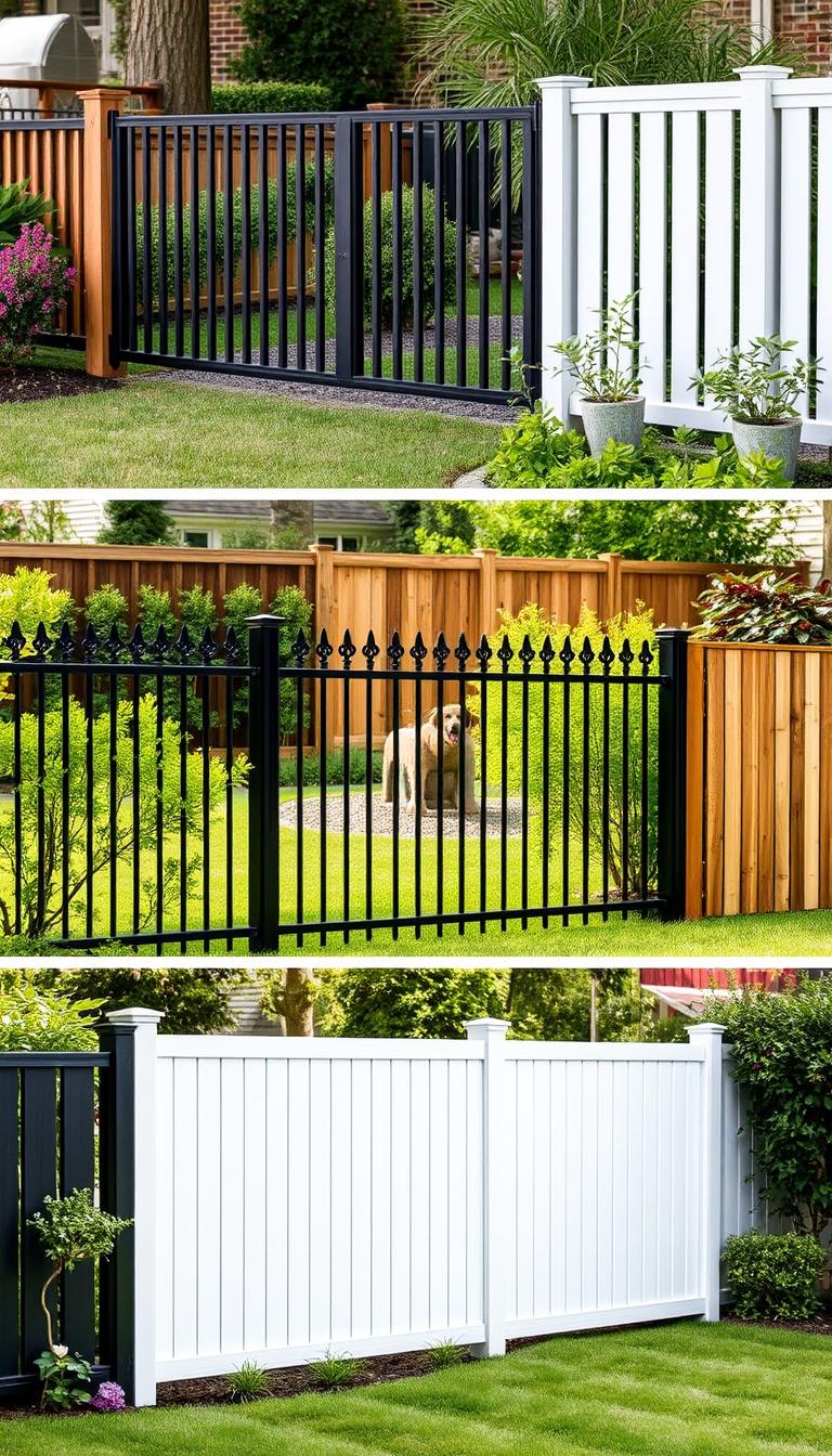 A well-lit, beautifully composed image showcasing various privacy fencing options for a dog-friendly backyard. The foreground features a variety of modern, high-quality fencing materials including sturdy wood, elegant wrought iron, and sleek composite panels. The middle ground showcases the fences in a natural setting, with lush greenery and a cozy, inviting atmosphere. The background subtly blends in natural elements like trees and bushes, creating a sense of privacy and seclusion. The lighting is soft and directional, highlighting the textures and colors of the fencing options. The overall composition is balanced and visually appealing, inspiring ideas for an effective and aesthetically pleasing dog fence.