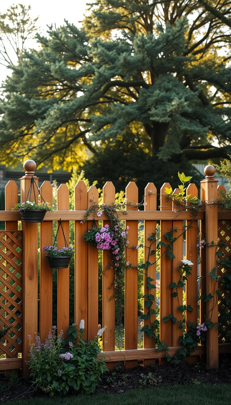 A wooden fence in a lush garden setting, the sun's warm rays casting a soft glow. The fence is adorned with intricate lattice patterns, its natural wood grain visible. Various customization options are displayed, including decorative finials, hanging planters, and artful trellises. The middle ground features a mix of flowering bushes and trailing vines, creating a charming, pastoral atmosphere. In the background, a row of mature trees sway gently, their leaves rustling in a light breeze. The composition is balanced, highlighting the fence's versatility and how it can be personalized to complement a tranquil, nature-inspired backyard.