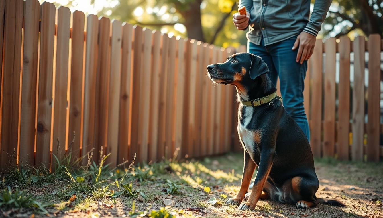 A backyard scene with a well-trained dog sitting obediently next to a sturdy wooden fence. The dog's owner stands nearby, holding a tasty treat and praising the animal. Soft natural lighting filters through the trees, casting a warm glow on the peaceful tableau. The dog's focused gaze and relaxed posture convey a sense of trust and security, reflecting the effectiveness of the owner's reward-based training approach. The fence provides a clear boundary, yet the dog appears content to remain within its confines, respecting the established limits without any signs of distress or anxiety.