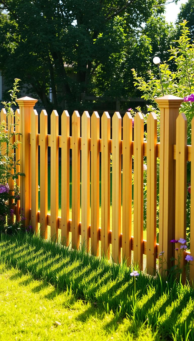 A beautifully crafted DIY picket fence project, with delicate wooden slats arranged in a classic, symmetrical pattern. The fence is situated in a serene, sun-dappled garden, surrounded by lush greenery and vibrant flowers. Warm, natural lighting casts a soft glow, highlighting the inviting, rustic charm of the handcrafted structure. The fenceposts are sturdy and well-constructed, creating a secure and visually appealing barrier. The overall scene exudes a sense of tranquility and pride in a job well done, perfect for showcasing a practical yet stylish DIY dog fence solution.