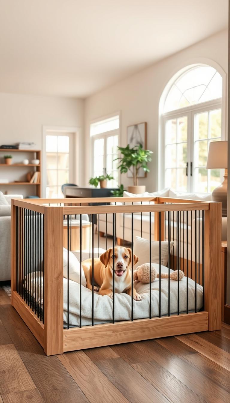 A bright, airy home interior with a well-lit living room. In the foreground, a creative DIY pet containment solution is showcased - a stylish wooden playpen with sturdy bars, blending seamlessly with the home decor. The middle ground features a friendly dog lounging cozily inside the enclosure, surrounded by cozy cushions and toys. The background reveals large windows letting in natural light, casting a warm, inviting glow. The overall scene exudes a sense of comfort, practicality, and a harmonious integration of pet-friendly design within a modern, welcoming living space.