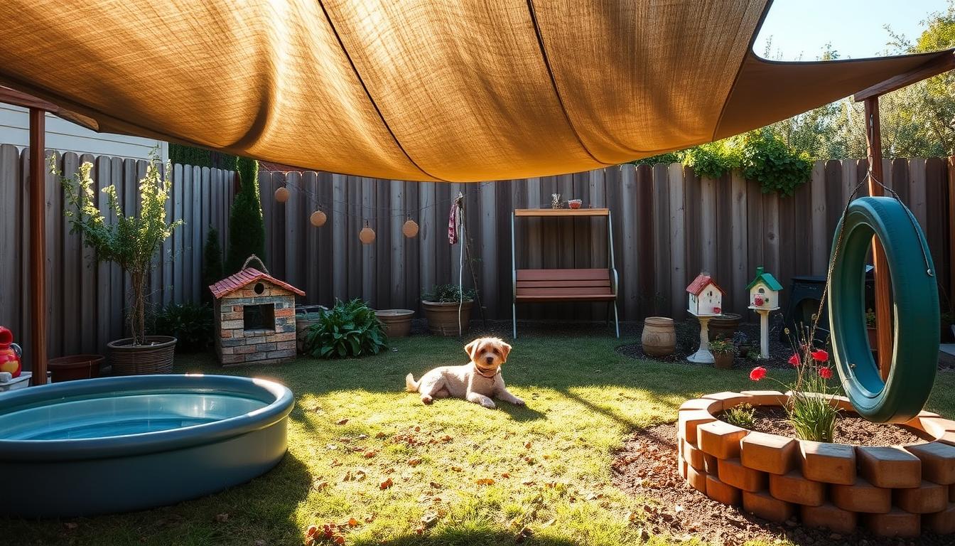 A cozy backyard oasis with a small dog lounging under a tarp canopy, surrounded by a plastic kiddie pool, a raised garden bed, and inexpensive DIY accents like a tire swing and painted birdhouses. Warm sunlight filters through the tarp, casting a golden glow on the scene. The dog appears content and relaxed, blending seamlessly into the budget-friendly yet inviting backyard setup. The overall atmosphere is one of simplicity, comfort, and pet-friendly charm.