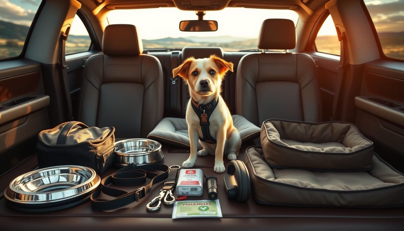 A cozy, well-lit cabin interior with plush leather seats and a panoramic windshield. In the foreground, an array of pet travel essentials is neatly arranged: collapsible dog bowls, a sturdy leash, a harness, a first-aid kit, and a soft, portable dog bed. The middle ground features a playful, well-groomed dog sitting obediently, ready for the open road. The background showcases scenic countryside views, hinting at the adventures to come. The lighting is warm and inviting, creating a sense of comfort and preparation for the journey ahead.