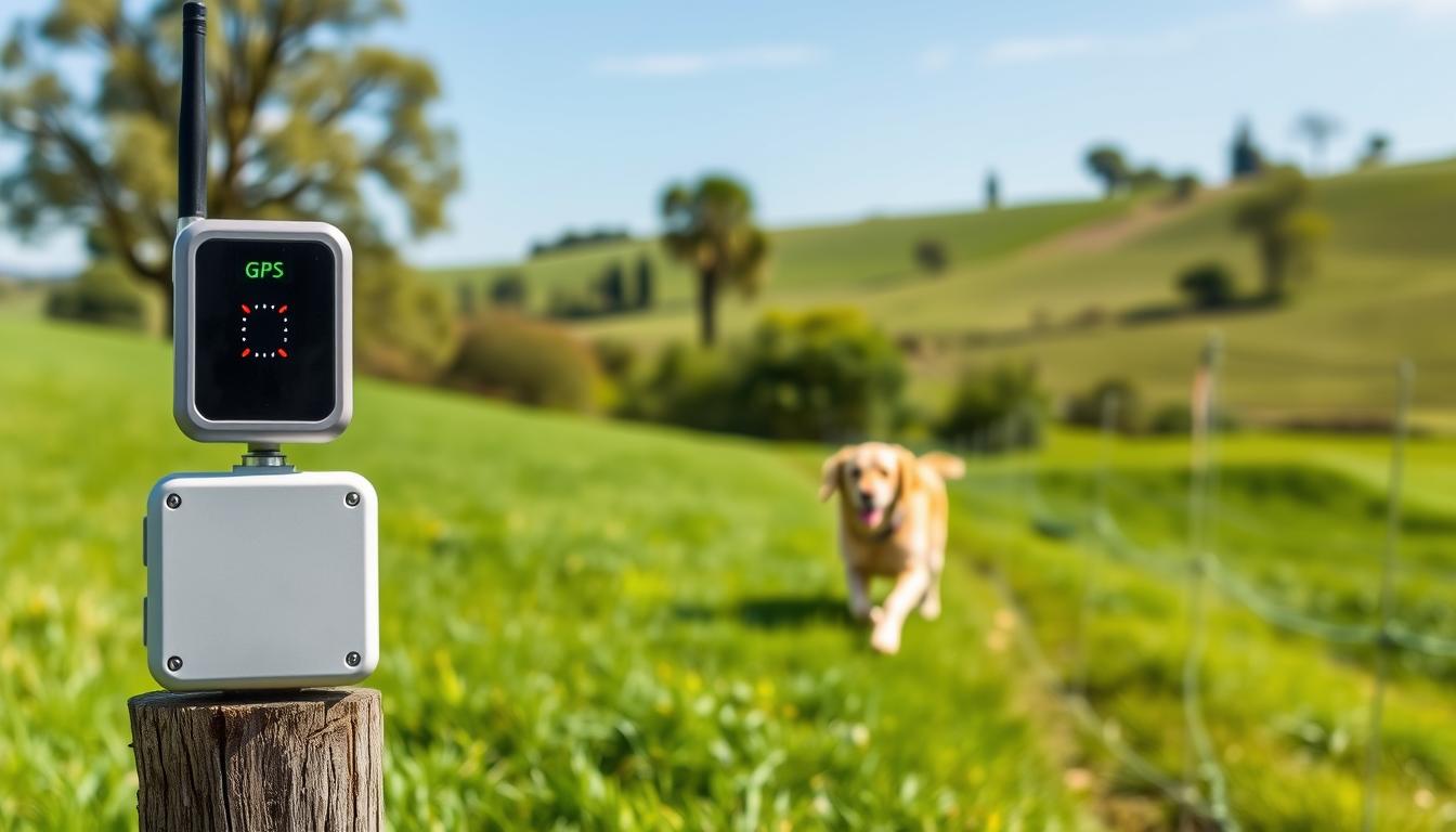 A crisp, high-resolution image of a GPS dog fence system in a lush, verdant outdoor setting. In the foreground, a sleek, modern wireless transmitter device sits atop a wooden post, its sleek design and LED indicators prominently displayed. In the middle ground, a well-trained golden retriever happily runs within the invisible boundaries of the smart fence, their collar subtly indicating the GPS tracking capabilities. The background features a serene countryside landscape, with rolling hills, swaying trees, and a clear blue sky above, conveying a sense of safety and freedom for the pet. The lighting is natural and diffused, creating a warm, inviting atmosphere. Captured at a low angle to emphasize the scale and technology of the system.