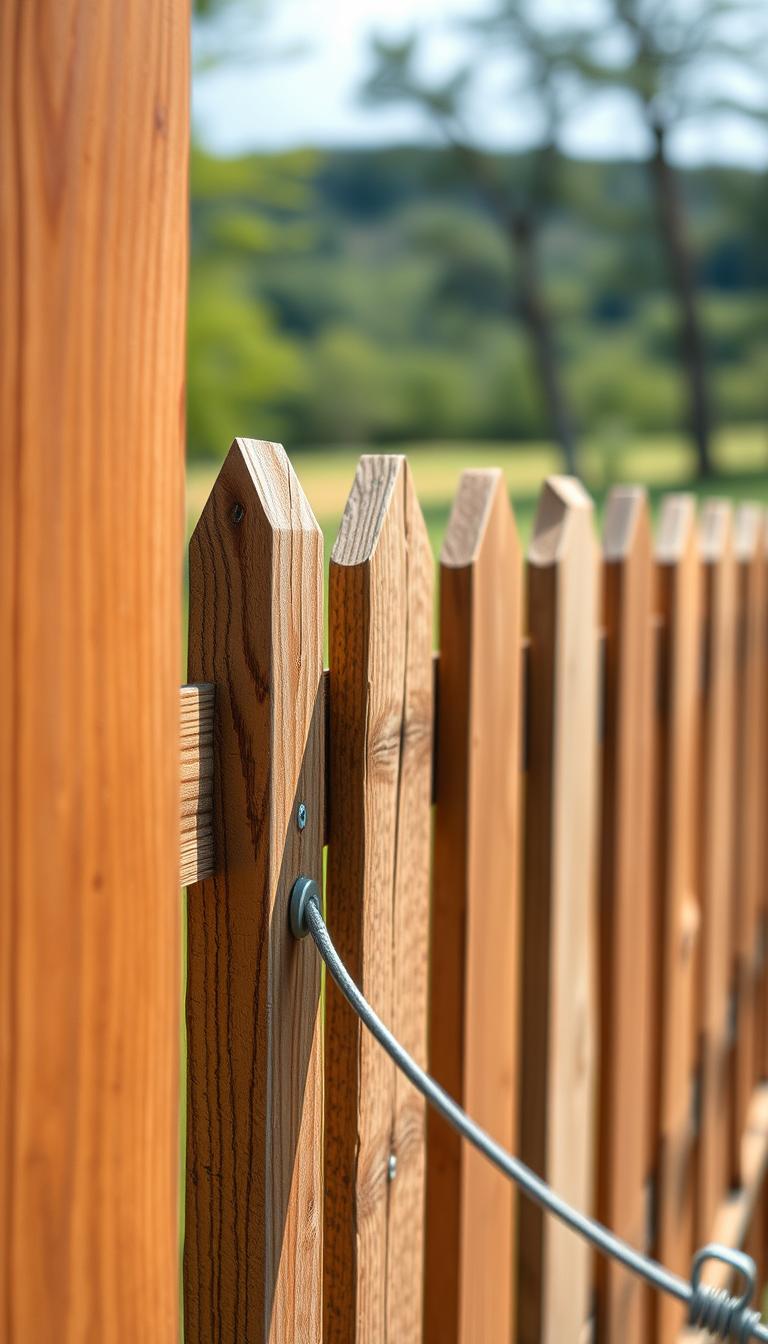 A detailed, well-lit close-up of a wooden pet fence, showcasing the various material considerations for its construction. The foreground highlights the texture and grain of the wood, with a focus on the joints, fasteners, and overall durability. The middle ground demonstrates the fence's height, stability, and ability to withstand outdoor elements. The background provides a blurred, natural landscape setting, conveying a sense of the fence's purpose in creating a safe, contained environment for pets. The overall image conveys the key factors to consider when choosing a dog fence, such as material quality, strength, and integration with the surrounding space.