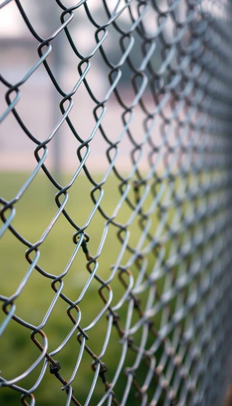 A detailed, well-lit, high-resolution photograph of a sturdy chain link fence, with a sharp focus on the intricate lattice of galvanized steel wires. The fence is set against a blurred, hazy background, creating a sense of depth and emphasizing the fence's solid, protective presence. The lighting is soft and diffused, casting subtle shadows that accentuate the fence's robust construction. The angle is slightly elevated, providing a balanced, symmetrical composition that showcases the fence's clean lines and grid-like pattern. The overall mood is one of security, reliability, and the ability to keep pets safely contained within a well-designed outdoor space.