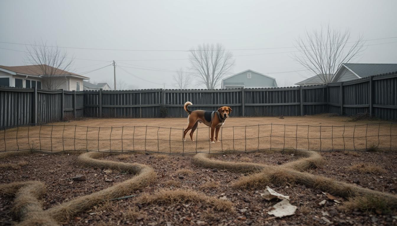 A dilapidated backyard with an inconsistent wireless dog fence boundary. The foreground shows a disjointed, faded fence line, with gaps and irregularities. The middle ground features a confused, distressed dog trying to navigate the faulty system. In the background, a hazy, overcast sky casts a somber mood over the scene. The lighting is muted, with soft shadows and a slight vignette, emphasizing the technical issues at hand. Captured with a wide-angle lens to convey the expansive nature of the problem, this image represents the challenges of maintaining a reliable wireless dog containment system.