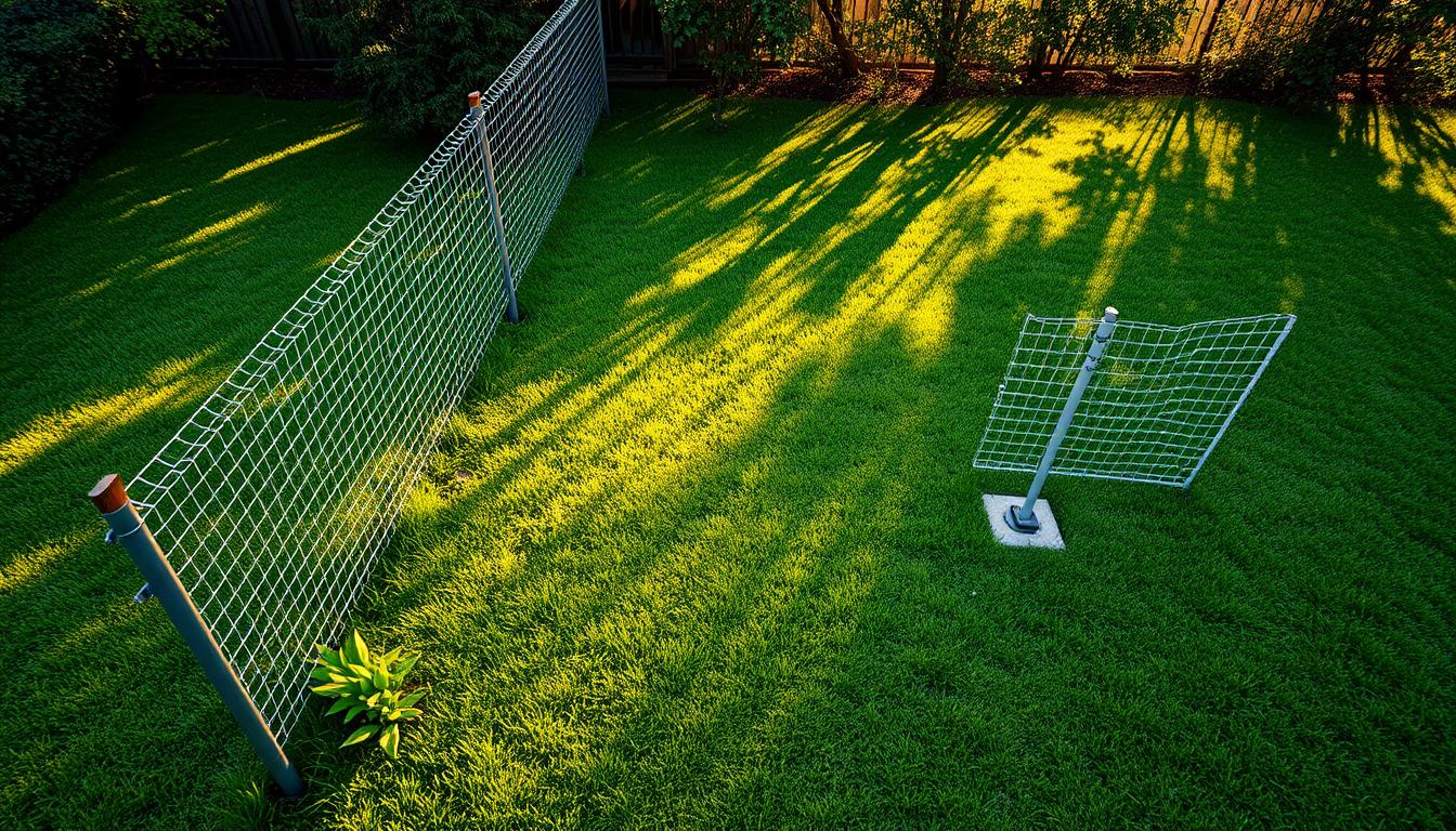 A high-angle shot of a lush green backyard, showcasing a traditional metal wire fence on the left and a wireless boundary system on the right. The wire fence has sturdy posts and intricate mesh, while the wireless system features a subtle boundary marker and discreet receiver collar. Soft, warm lighting from the afternoon sun filters through the trees, casting gentle shadows across the scene. The two fence options are displayed side-by-side, inviting the viewer to compare their distinct visual characteristics and imagine the practical implications for dog owners. The overall atmosphere is one of tranquility and thoughtful consideration of the pros and cons of each fencing solution.