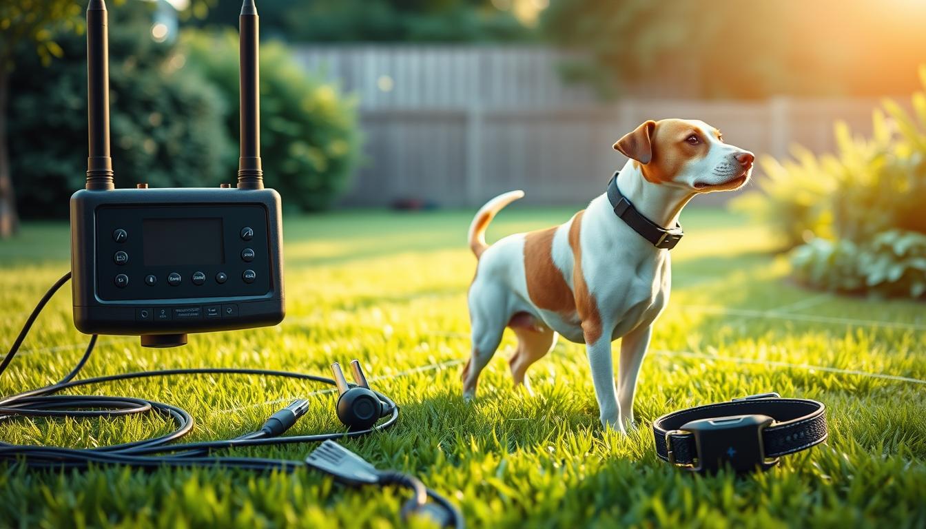 A high-quality, detailed rendering of a wireless dog fence system showcasing its key features. The foreground depicts the control unit with various buttons and indicators, surrounded by the transmitter and boundary wire. The middle ground showcases the collar receiver on a dog, highlighting the sleek design and intuitive controls. The background features a lush, verdant yard with the invisible boundary lines running through it, creating a seamless and safe environment for the pet. The lighting is natural and warm, with a soft focus that emphasizes the technical aspects of the system. The overall mood is one of efficiency, safety, and harmony between the dog and its outdoor living space.