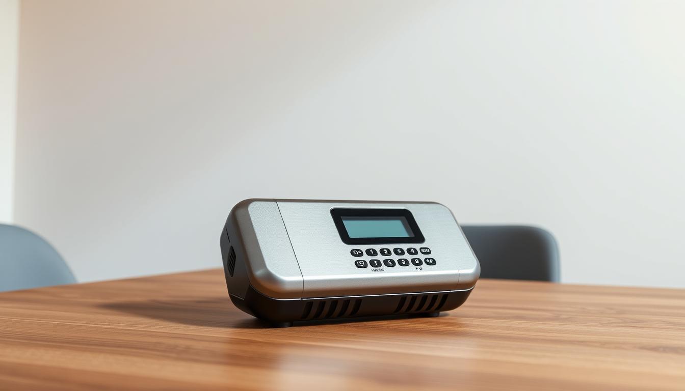 A high-quality electronic dog fence transmitter with a sleek, modern design. The device sits on a wooden table in a well-lit, minimalist office setting. The transmitter has a compact, rectangular shape with a digital display and various control buttons. Soft shadows and highlights accentuate the metallic texture and clean lines of the device. The background is a plain, off-white wall, allowing the transmitter to be the focal point. The lighting is soft and diffused, creating a professional, technical atmosphere. The camera angle is slightly elevated, giving a clear, detailed view of the transmitter's form and features.