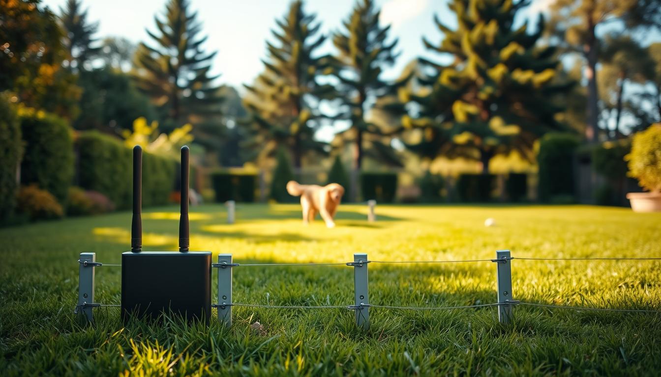 A high-quality wireless dog fence system installed in a lush, verdant backyard. The foreground features the fence's sleek, unobtrusive boundary markers and transmitter unit, positioned discreetly amidst the well-manicured lawn. The middle ground showcases a playful golden retriever exploring the safe confines, while the background depicts a tranquil scene of towering trees, a bright blue sky, and warm, natural lighting that casts a gentle glow over the entire setup. The overall atmosphere conveys a sense of security, comfort, and harmony between the dog, the environment, and the carefully integrated wireless technology.
