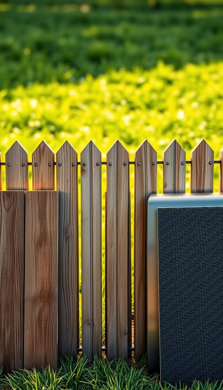 A high-resolution, realistic image of various fencing materials arranged in the foreground, including weathered wood planks, sleek metal panels, and textured vinyl sheets. The materials are displayed in a natural, well-lit setting, with a warm, diffused lighting that casts subtle shadows, emphasizing the tactile qualities of each material. The middle ground features a lush, verdant background, perhaps a grassy field or a garden, to create a peaceful, outdoor ambiance. The composition is balanced, allowing the viewer to fully appreciate the diverse range of fencing options suitable for securing a pet's space.