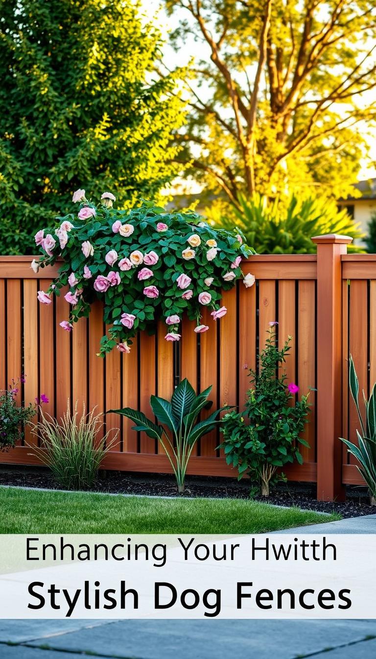 A meticulously crafted stylish dog fence adorned with lush greenery, capturing the essence of an inviting and harmonious outdoor living space. The fence is constructed with sleek, modern lines in a warm, earthy tone, seamlessly blending with the surrounding landscape. Vibrant flowering plants cascade over the fence, adding pops of color and a natural, welcoming ambiance. The lighting is soft and diffused, creating a serene, golden-hour glow that enhances the fence's elegant design. The composition features a balanced, symmetrical layout, drawing the eye towards the focal point of the fence and its verdant accents. An overall sense of tranquility and sophistication permeates the scene, making it the perfect complement to the article's theme of &amp;amp;amp;amp;quot;Enhancing Your Home's Look with Stylish Dog Fences&amp;amp;amp;amp;quot;.