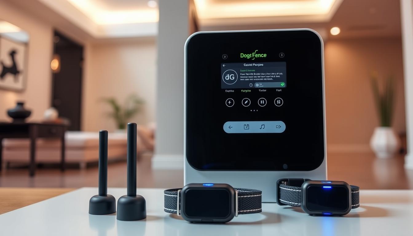 A modern, sleek GPS dog fence system with a digital control panel, discreet boundary markers, and a smart collar device. The setup is shown in a contemporary home interior, with warm lighting and minimalist decor. The fence's components are displayed against a muted, neutral background, highlighting their clean design and advanced technology. The image conveys a sense of convenience, security, and seamless integration of digital pet management solutions into the modern household.