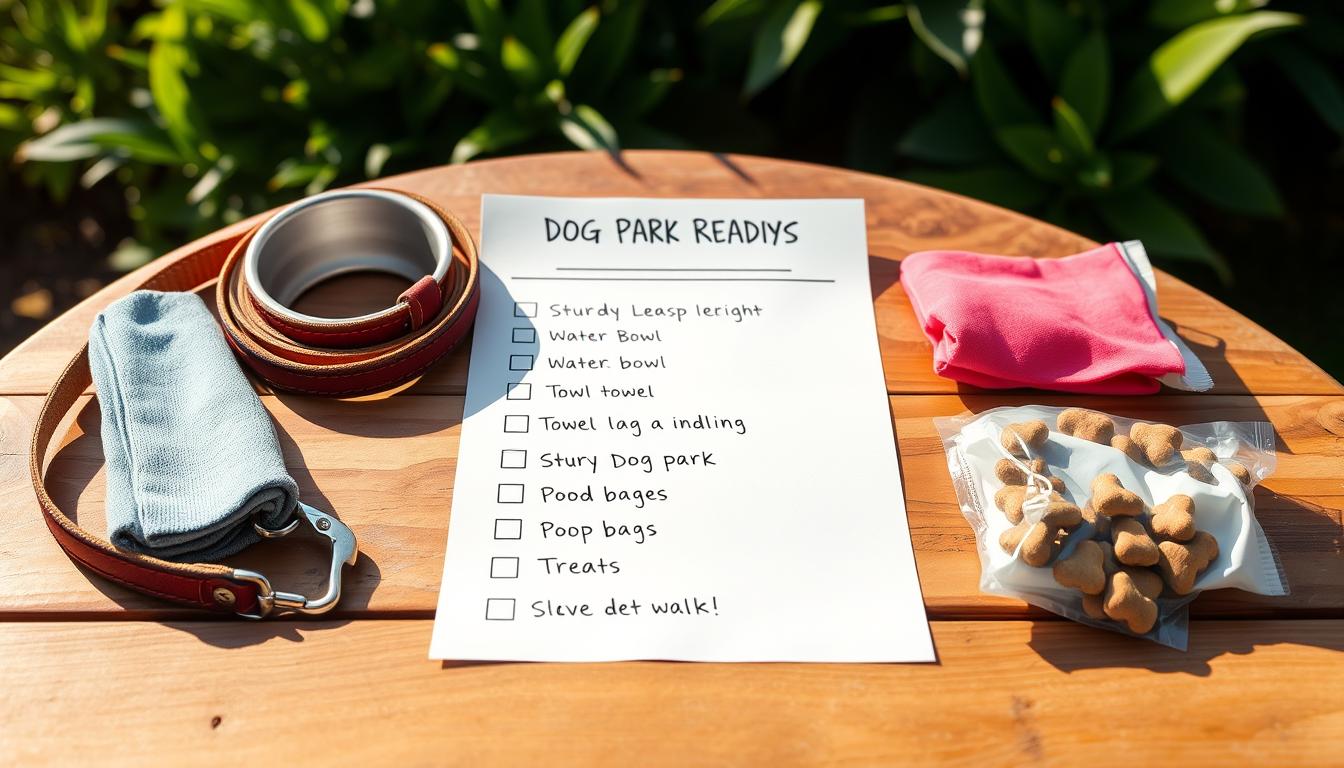 A neatly organized checklist laid out on a wooden surface, illuminated by warm, natural lighting. The checklist covers essential items for dog park readiness, such as a sturdy leash, water bowl, towel, poop bags, and treats. The background features lush greenery, hinting at the park setting. The overall composition conveys a sense of preparedness and anticipation for a fun, responsible day at the dog park.