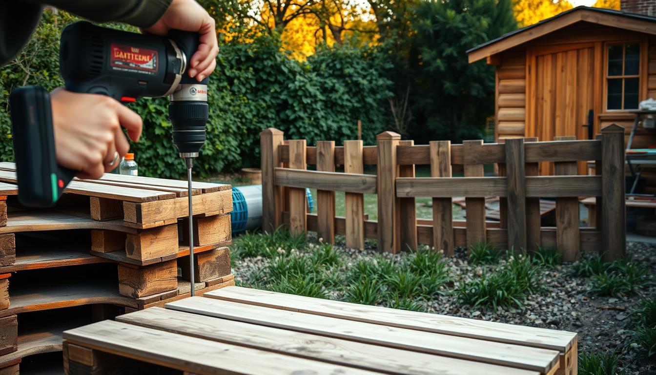A rustic backyard scene with a stack of weathered wooden pallets. In the foreground, a person is using a power drill to carefully drill holes into the pallet boards, preparing them for fence construction. The mid-ground features a partially assembled pallet fence, its rough-hewn texture and natural grain visible. In the background, a lush green garden and a wooden shed create a cozy, natural ambiance. Soft, warm lighting casts a golden glow, enhancing the rustic, DIY aesthetic. The overall scene conveys a sense of hands-on project work, with attention to detail in the pallet preparation process.