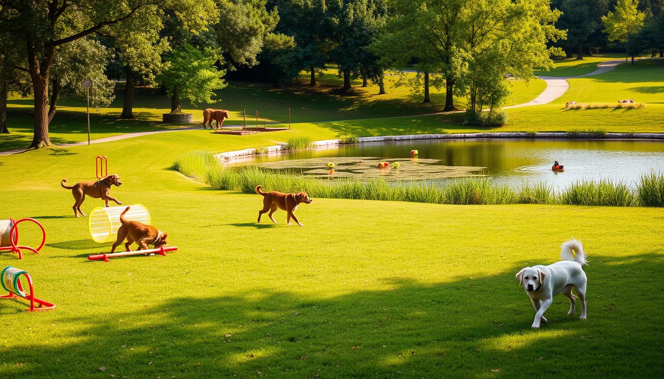 A serene park scene with an array of dog-friendly activities. In the foreground, a grassy area with agility equipment, such as tunnels and hurdles, where canines can navigate through playful obstacles. In the middle ground, a tranquil pond surrounded by lush greenery, where dogs can wade and retrieve floating toys. In the background, a shaded trail winding through the verdant landscape, inviting leisurely walks and explorations. The lighting is warm and natural, capturing the welcoming atmosphere of this alternative dog-centric haven. The overall mood is one of relaxation, enrichment, and safe, off-leash enjoyment for both pups and their owners.