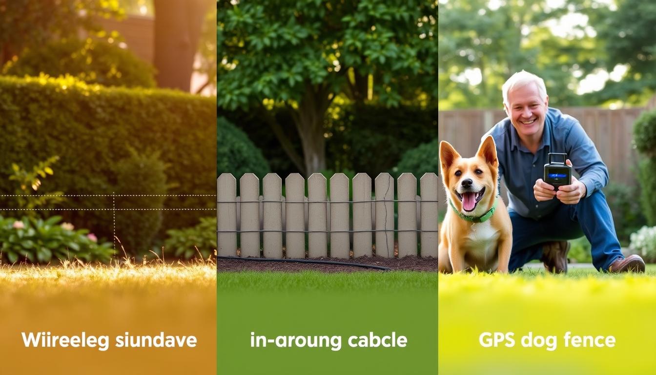 A side-by-side comparison of a wireless dog fence, an in-ground dog fence, and a GPS-based dog fence, showcased in a lush, verdant backyard setting. The wireless system's boundary is delineated by a subtle, shimmering line, the in-ground fence's underground cable is barely visible, and the GPS unit is held by a smiling owner, their dog eagerly awaiting next to them. Soft, natural lighting casts a warm glow, emphasizing the tranquil atmosphere. The image captures the key differences between these three dog containment solutions, allowing the viewer to envision the best fit for their unique yard and pet.