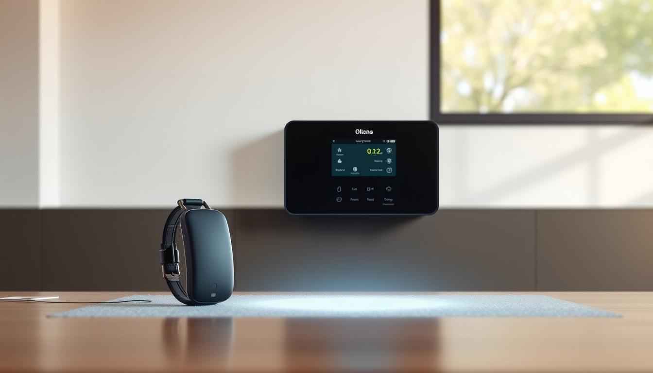 A sleek, contemporary wireless dog fence system set against a minimalist, modern backdrop. The foreground depicts the core components - a compact receiver collar and a discreet, wall-mounted control unit with intuitive settings. The middle ground showcases the invisible wireless boundary, visualized as a subtle, ethereal field that seamlessly integrates with the home's decor. The background features a serene, sun-dappled outdoor scene, hinting at the freedom and peace of mind the system provides for dogs and their owners. Crisp, balanced lighting accentuates the clean lines and technological sophistication of the design. Captured through a wide-angle lens to convey a sense of spaciousness and seamless integration with the living environment.