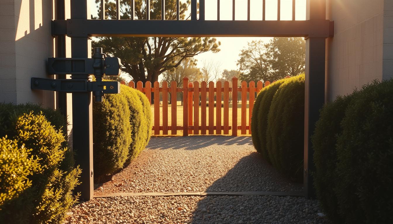 A sturdy metal gate stands resolute, its interlocking bars and reinforced hinges conveying a sense of unwavering security. The gate is bathed in warm, golden sunlight, casting dramatic shadows that add depth and texture to the scene. In the foreground, the gate's latch mechanism is prominently featured, its intricate design hinting at the robust engineering behind it. The middle ground reveals a well-maintained gravel path leading up to the gate, bordered by neatly trimmed hedges that frame the entrance. In the distance, a wooden fence stretches out, its posts and rails creating a harmonious backdrop that complements the gate's industrial aesthetic. The overall atmosphere exudes a mood of reliable protection, instilling a sense of confidence in the viewer.