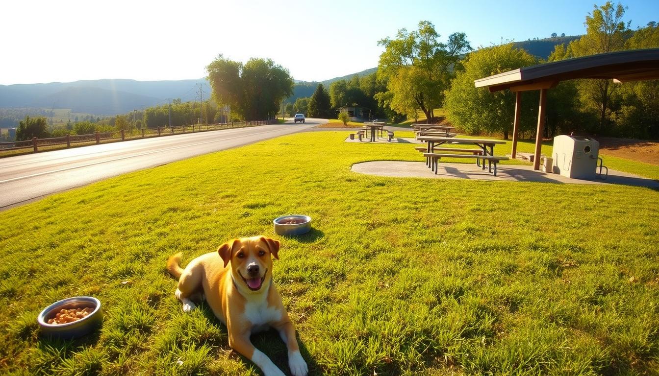 A sun-dappled rest stop along a scenic highway, with a spacious grassy area for pets to play. In the foreground, a friendly-looking dog lays in the grass, surrounded by bowls of water and treats. In the middle ground, a few picnic tables provide a place for owners to rest and enjoy a snack. The background features lush trees and rolling hills, creating a serene and inviting atmosphere. The lighting is warm and natural, casting a golden glow over the scene. The angle is slightly elevated, giving a panoramic view of the well-equipped, pet-friendly oasis.