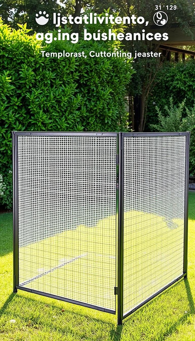A temporary dog fence made of lightweight, durable mesh material stretched across sturdy metal posts, creating a portable barrier that can be easily assembled and disassembled. The fence stands approximately 3 feet tall, with a sleek, modern design in a neutral color scheme to seamlessly blend into outdoor spaces. Sunlight filters through the mesh, casting a warm, diffused glow on the scene. The fence is positioned in a lush, verdant backyard, surrounded by vibrant greenery and a few scattered pebbles, conveying a sense of temporary yet secure enclosure for a well-cared-for pet.