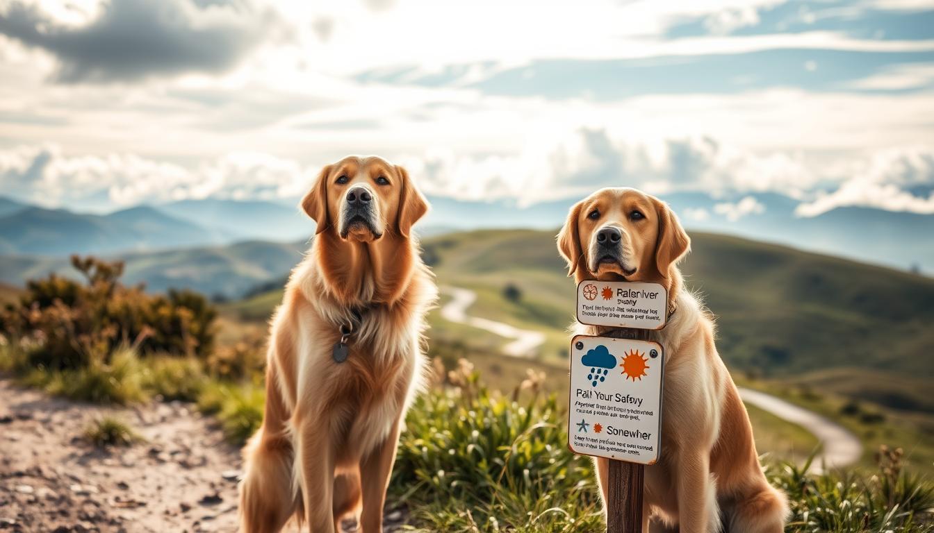 A tranquil outdoor scene on a partially cloudy day, with a golden retriever standing vigilantly beside a set of signposts indicating different weather conditions and safety tips. The dog's attentive gaze and relaxed posture convey a sense of preparedness. In the foreground, the signposts feature icons and brief text describing appropriate gear and behaviors for rainy, snowy, and sunny weather. The middle ground showcases lush greenery and a winding path, while the background depicts a rolling landscape with distant mountains shrouded in soft, wispy clouds. The lighting is warm and natural, capturing the essence of a safe and secure environment for the canine companion.