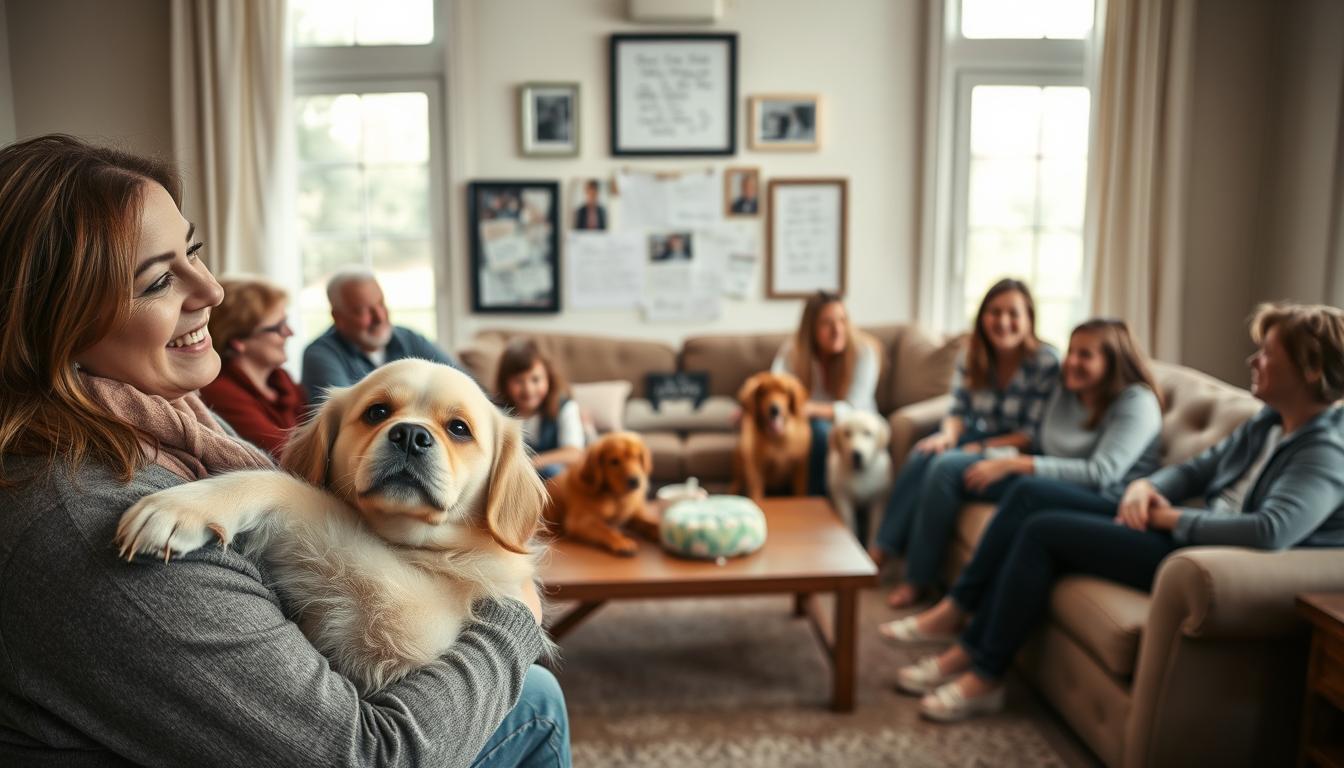A warm, cozy living room filled with families gathered around, sharing heartfelt stories and testimonials about their beloved pets and the life-changing impact of wireless dog fences. In the foreground, a woman holds a fluffy golden retriever, her face beaming with joy. Behind them, a group of children play with their furry companions, their laughter echoing through the room. The middle ground features a display of framed photos and handwritten notes, capturing the emotional bond between the families and their pets. Soft, natural lighting filters through large windows, creating a serene and inviting atmosphere. The background showcases a minimalist, yet modern decor, adding to the overall sense of comfort and contentment.
