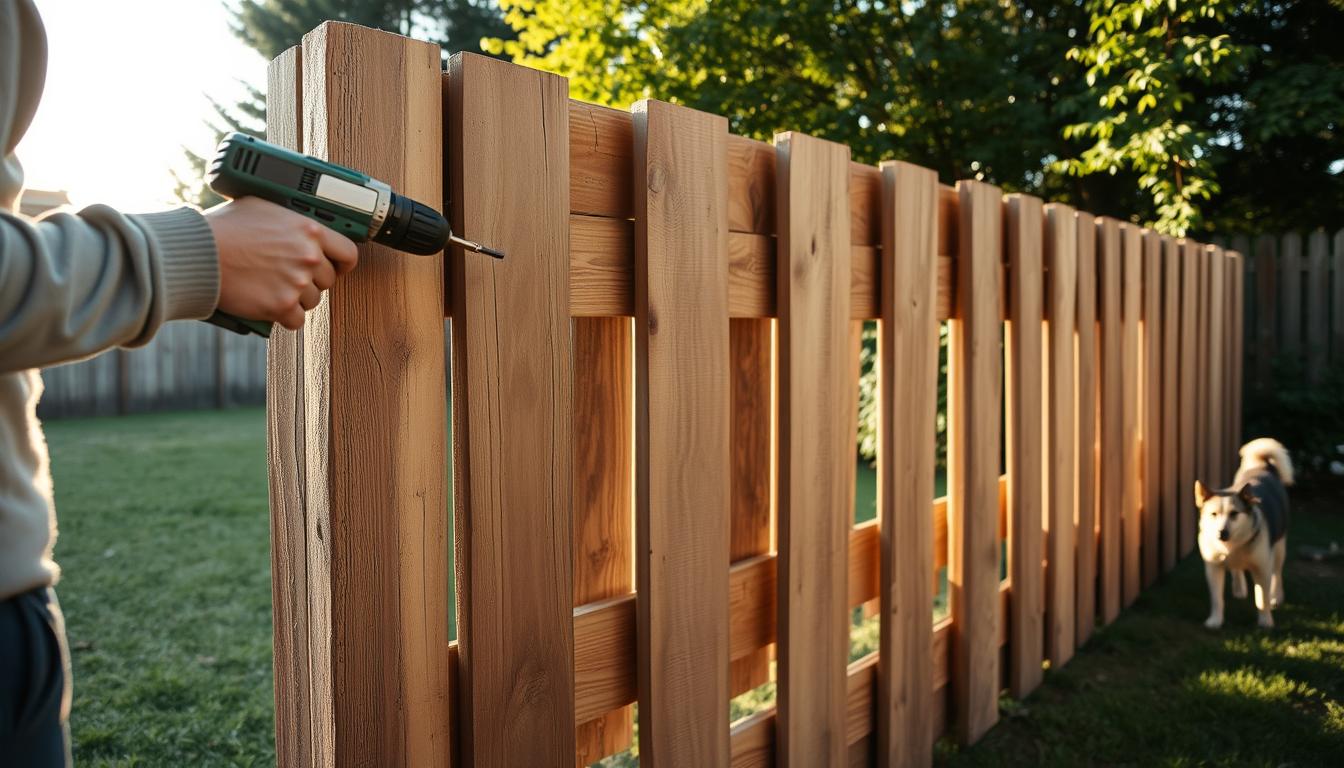 A weathered wooden pallet fence, sturdy and secure, stands in a lush backyard. A power drill in hand, a figure carefully reinforces the structure, adding extra screws and bolts to ensure the fence's stability. The warm afternoon sun casts a gentle glow, illuminating the rugged, textured pallets. In the distance, a dog watches attentively, its tail wagging with anticipation. The scene conveys a sense of DIY determination and the creation of a safe, pet-friendly environment.