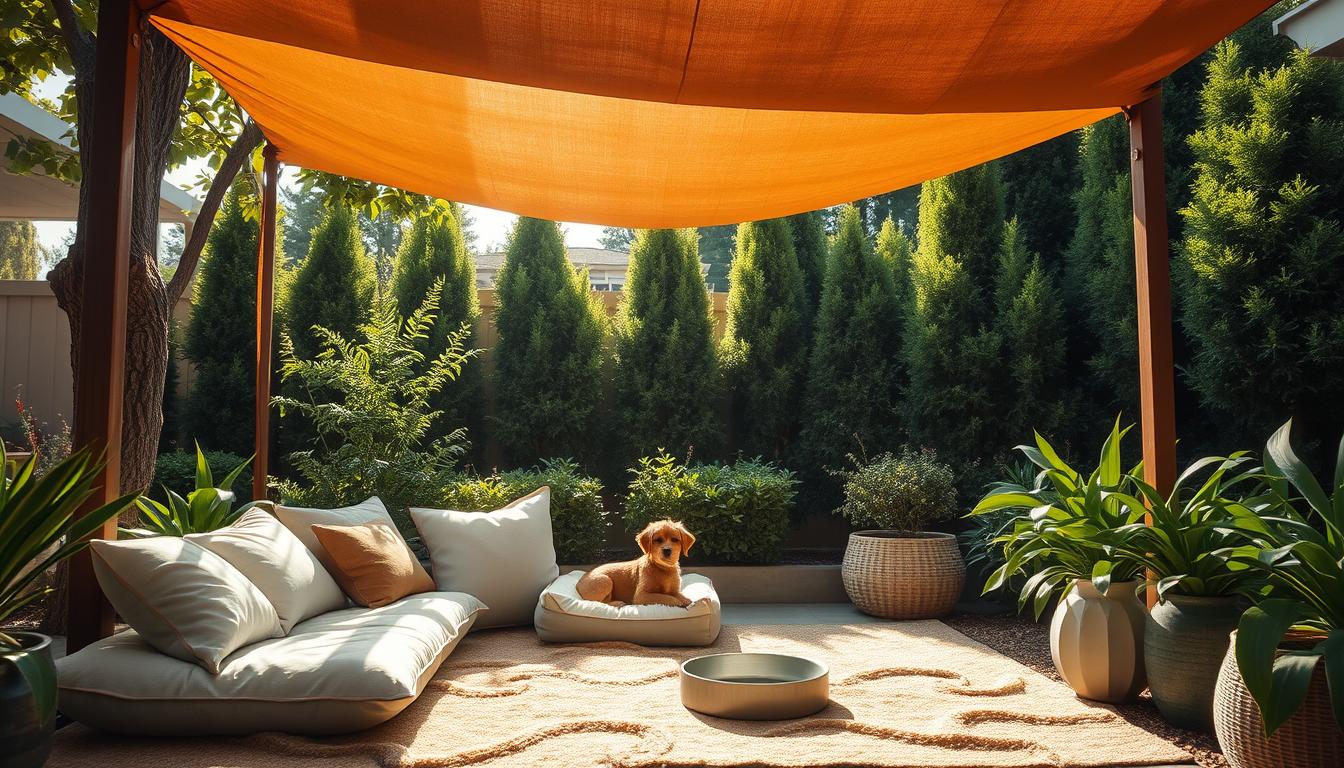 A well-designed backyard oasis with a shaded dog-friendly nook. A small pup nestled comfortably under a tarp canopy, surrounded by lush greenery and soft textures. Plush cushions, a cozy dog bed, and a shallow water bowl invite the furry friend to relax. Earthy tones complement the natural setting, while dappled sunlight filters through the tarp, creating a warm, inviting ambiance. Tall trees and shrubs in the background provide privacy and a sense of enclosure. The overall scene exudes a calming, serene atmosphere perfect for a canine companion to unwind.
