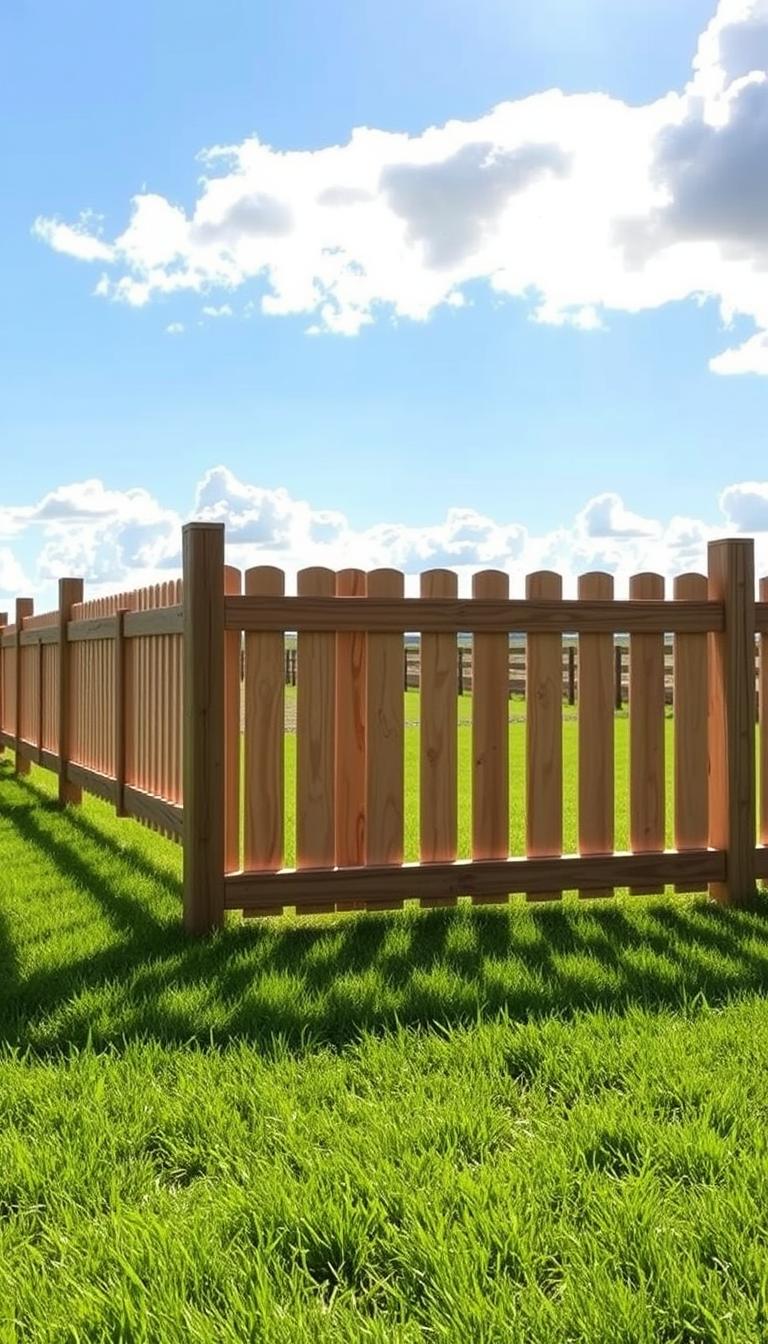 A well-designed dog fence for a medium-sized yard, crafted with sturdy wooden posts and horizontal slats. The fence stands tall, casting long shadows across the lush, well-manicured grass. In the distance, a bright, clear sky with fluffy white clouds creates a serene, peaceful atmosphere. The fence is positioned to provide ample space for a dog to run and play, while maintaining a secure boundary. The overall scene conveys a sense of safety and comfort, perfect for a family's cherished canine companion.