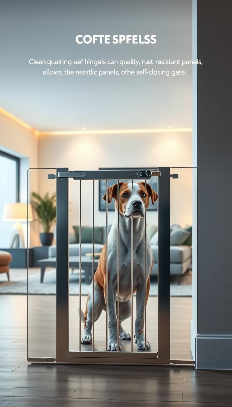 A well-designed, secure dog barrier with clean lines and a sturdy, rust-resistant metal frame. The barrier features high-quality, transparent acrylic panels that allow clear visibility while effectively containing the pet. Sleek, brushed-metal hinges and a self-closing gate create a seamless, streamlined appearance. Subtle ambient lighting illuminates the scene, casting a warm, inviting glow. The barrier is set against a backdrop of a modern, minimalist living space, emphasizing its integration into the home environment. The overall impression is one of thoughtful, functional design that prioritizes both the pet's safety and the homeowner's aesthetic preferences.
