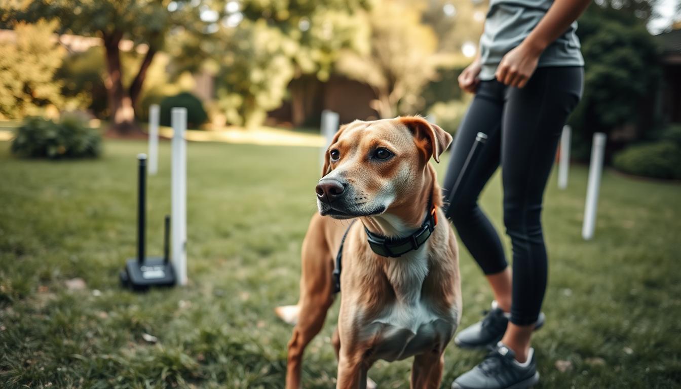 A well-equipped training area with a wireless dog fence system. In the foreground, a determined-looking dog wearing a receiver collar, standing attentively as their owner, dressed in casual athletic wear, guides them through training exercises. The middle ground features the wireless fence transmitter and boundary markers, placed strategically around the training zone. The background depicts a lush, verdant yard with trees and shrubs, creating a peaceful, natural setting conducive to effective dog training. Soft, diffused lighting illuminates the scene, emphasizing the focus and connection between the dog and handler. The overall atmosphere conveys a sense of structure, patience, and the gradual mastery of the wireless fence training process.