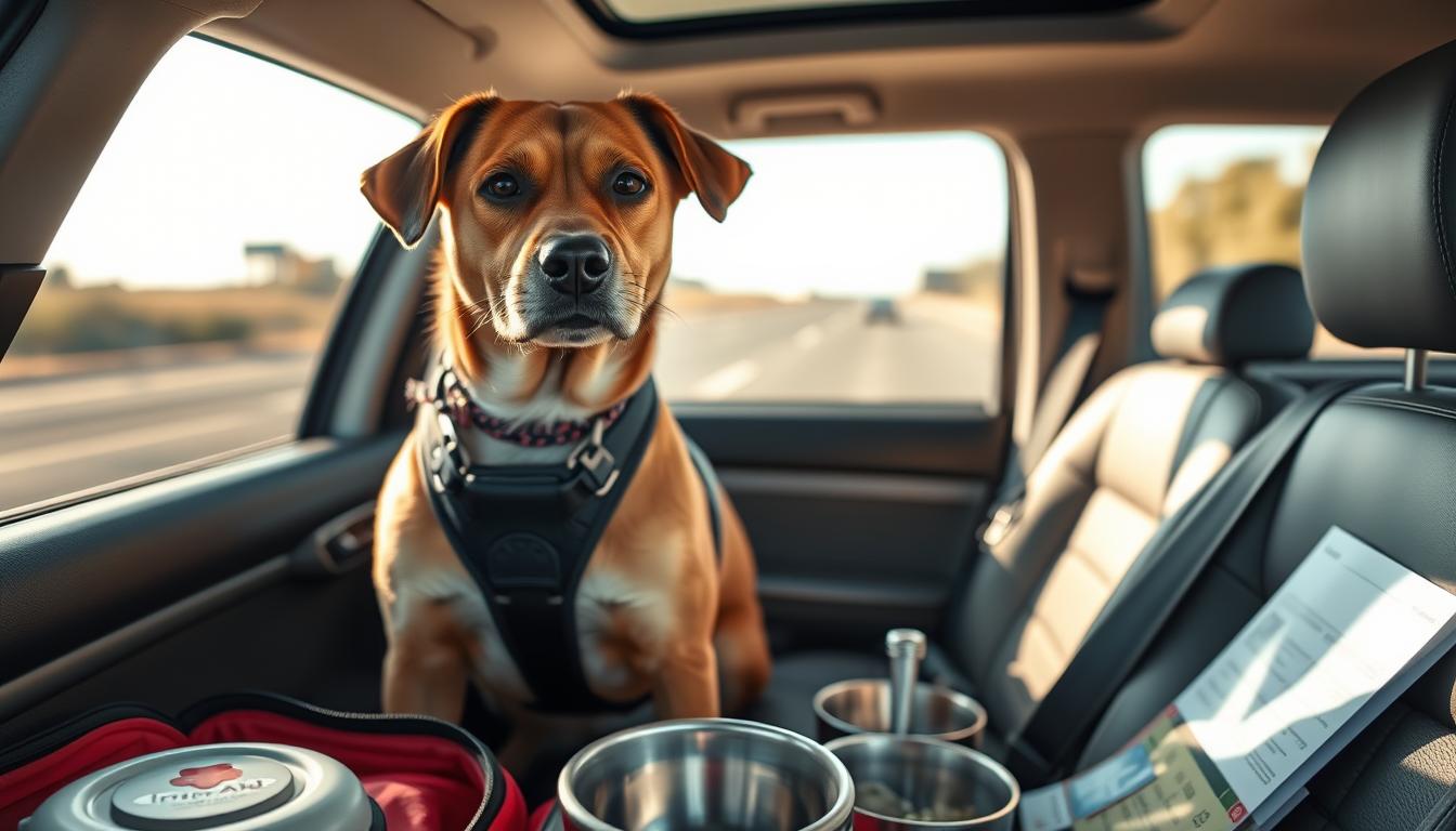 A well-lit, close-up scene of a dog wearing a seatbelt and safety harness in the backseat of a car. The dog has a calm, attentive expression, and the interior of the car is clean and organized, with emergency supplies like a first-aid kit, water bowls, and travel documents visible in the foreground. The background is a blurred view of a highway, suggesting the car is in motion. The lighting is bright and natural, with a warm, inviting tone that conveys a sense of safety and preparedness. The camera angle is slightly elevated, giving a bird's-eye view of the scene.