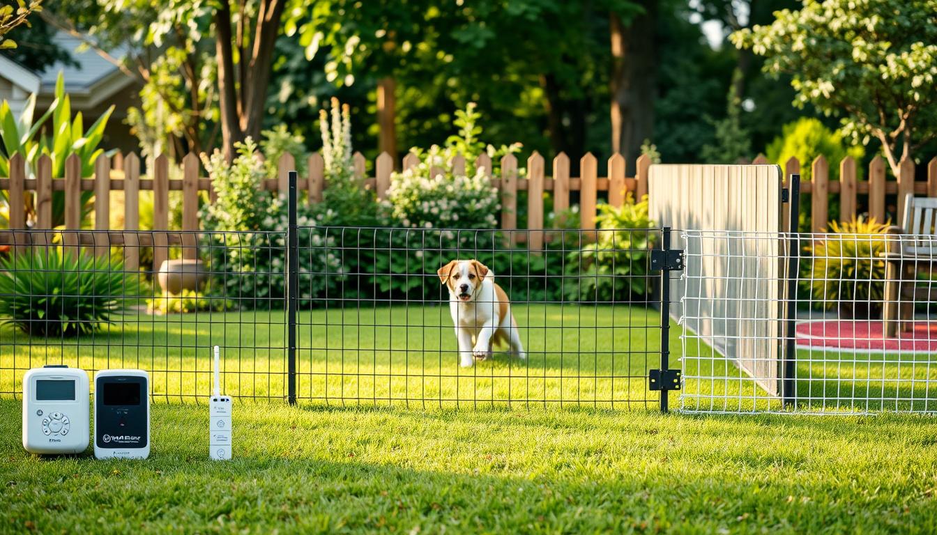 A well-lit, detailed image of various dog fence systems, showcasing both wireless and traditional options. The foreground features a variety of fence types, including electronic, invisible, and physical barriers, each with a clear, high-resolution depiction. The middle ground shows a dog playing safely within the enclosure, with lush greenery and natural elements in the background, conveying a sense of tranquility and security. The lighting is soft and natural, accentuating the textures and materials of the fencing, while the camera angle provides a comprehensive, wide-angle view of the scene. The overall atmosphere is one of thoughtful consideration for the dog's well-being and the homeowner's needs.
