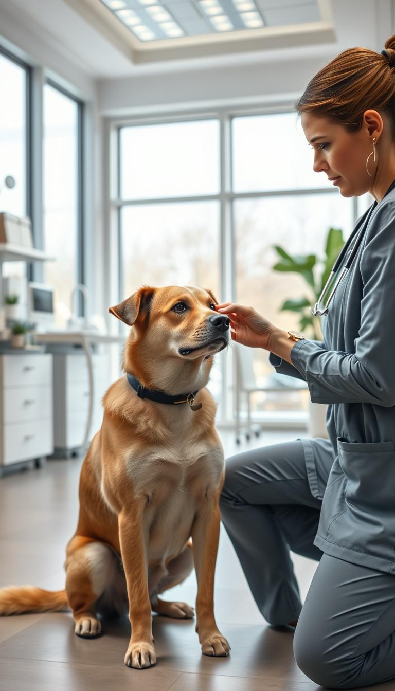 A well-lit dog behavior assessment scene in a modern veterinary clinic. In the foreground, a veterinarian closely examines a medium-sized dog, observing its reactions and body language. The dog sits calmly, with an attentive yet relaxed expression. In the middle ground, the clinic's clean, minimalist interior is visible, with medical equipment and soothing decor. The background features large windows, allowing natural light to flood the space and create a serene, professional atmosphere. The lighting is soft and directional, highlighting the dog and veterinarian's interaction. The camera angle is slightly elevated, providing a clear, unobstructed view of the assessment process.