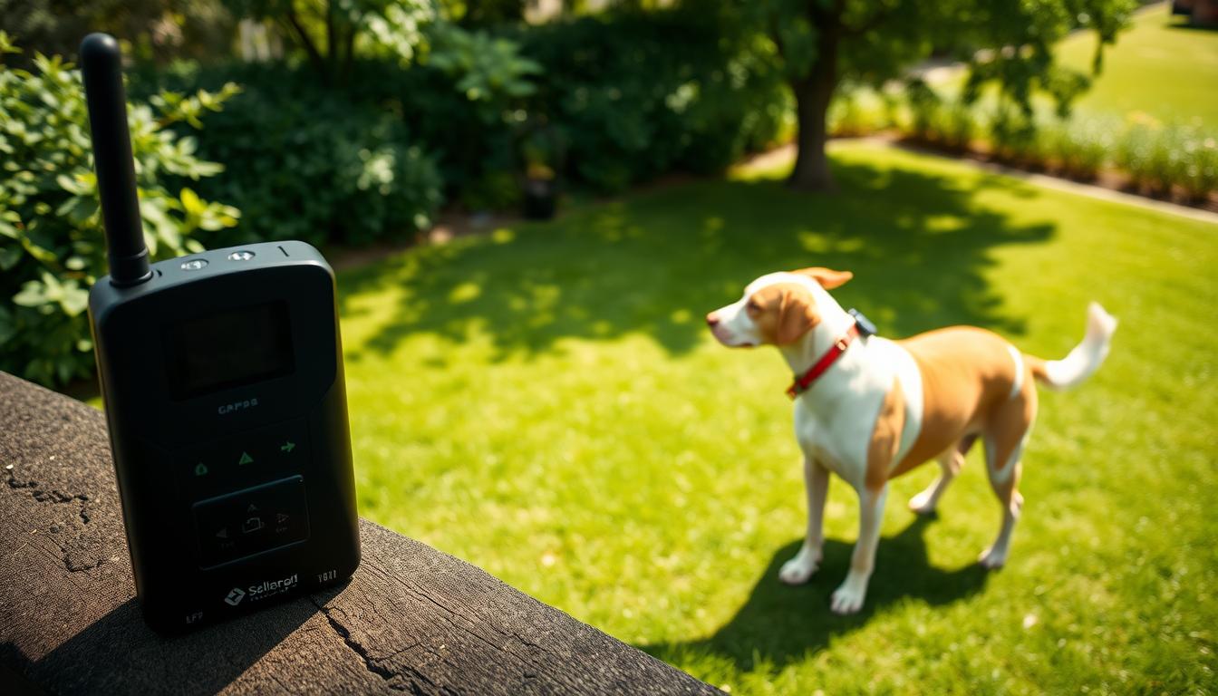 A well-lit, high-angle shot of a dog wearing a GPS collar, standing in a lush, verdant backyard. In the foreground, a wireless dog fence transmitter is prominently displayed, with sleek, modern design and clear indicators. The middle ground features a dog exploring the perimeter, with the GPS-enabled collar tracking its movements. In the background, a neatly manicured lawn and trees create a serene, pastoral atmosphere. The image conveys a sense of technology seamlessly integrated with nature, providing a safe and secure environment for the beloved pet.