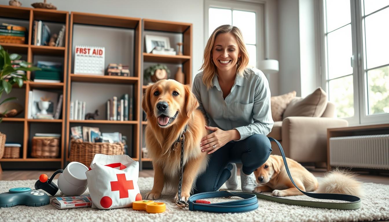 A well-lit, high-resolution photograph of a dog sitter in a cozy living room setting, demonstrating 12 essential safety tips. The sitter should be kneeling next to a friendly golden retriever, with a warm, inviting expression. In the foreground, dog toys, a first-aid kit, and a leash are neatly arranged. The middle ground features a bookshelf with dog training manuals and a calendar highlighting important pet care dates. The background showcases large windows, allowing natural light to fill the space, creating a serene, calm atmosphere. The overall composition should convey a sense of expertise, care, and responsibility in dog sitting.