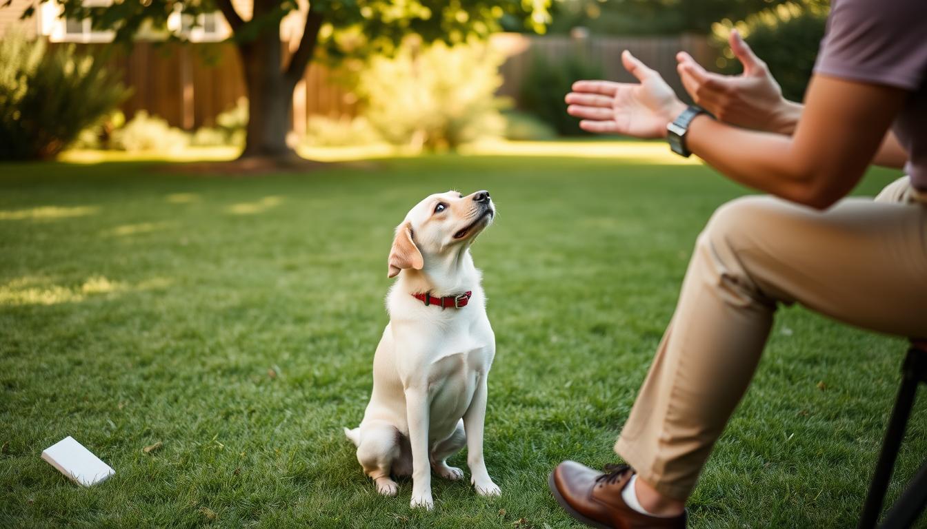 A well-trained dog obediently sitting in a backyard, focused on the owner's commands as they demonstrate basic training techniques to prevent the dog from escaping the yard. The scene is captured in a warm, natural lighting, with a lush green lawn and trees in the background, creating a serene, inviting atmosphere. The owner's gestures and the dog's attentive posture convey the importance of consistent training to establish trust and boundaries, essential for keeping the canine companion safely contained within the home environment.
