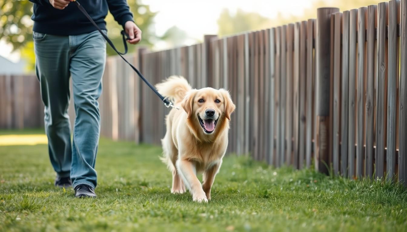 A young golden retriever happily walking beside a well-maintained wooden fence, on a sunny day with soft, diffused lighting. The owner, dressed casually, holds a leash and offers the dog a treat, reinforcing the boundaries with positive reinforcement. The fence stands as a clear delineation, inviting the viewer to imagine the dog's successful training to respect this perimeter. The scene exudes a sense of harmony, patience, and the rewarding nature of boundary training.