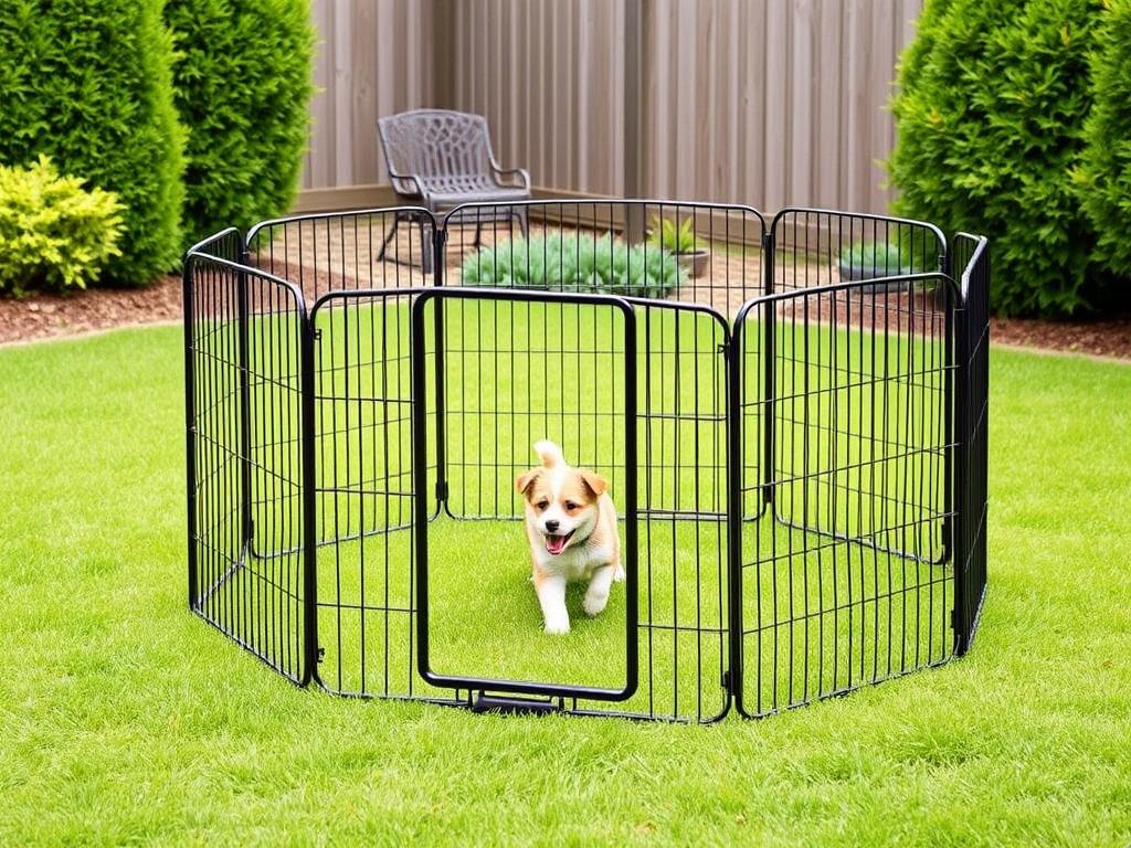 Amazon Basics Foldable Metal outdoor dog fence in a backyard setting Amazon Basics Foldable Metal outdoor dog fence in a backyard setting